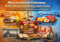 Visual comparison of high-carb low-fat, low-carb high-fat, and mixed diets showing how excess calories are burned or stored as body fat