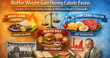 Visual comparison of high-carb low-fat, low-carb high-fat, and mixed diets showing how excess calories are burned or stored as body fat