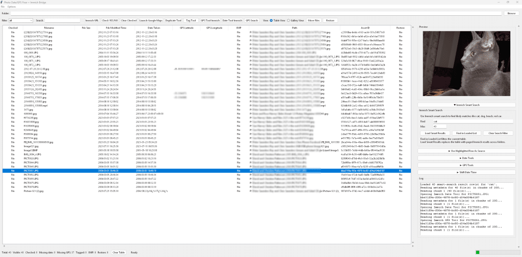 Data table with various entries displayed