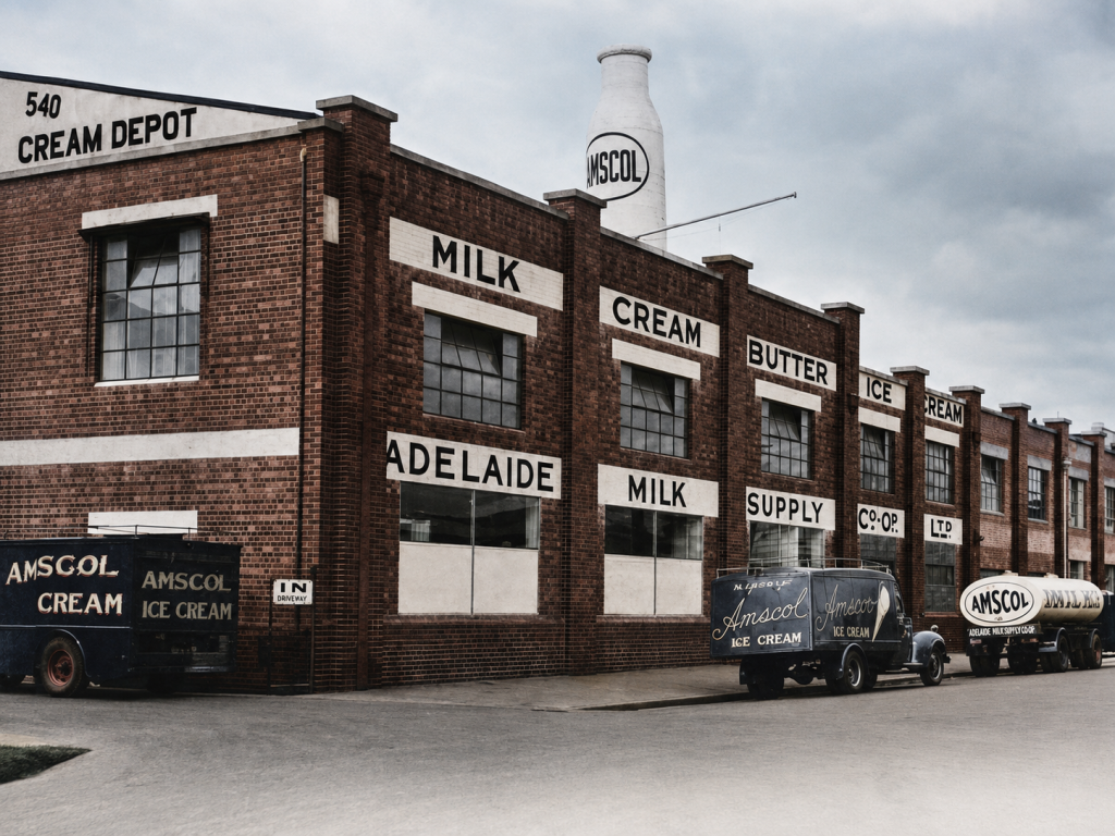 Two Forgotten Ghost Signs Revealed: Amscol Ice Cream and British Paints Glossmasta 1 Colourised historic photograph of the Amscol Adelaide Milk Supply Co-op factory, with vintage ice cream and milk delivery trucks parked outside.