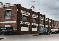 Colourised historic photograph of the Amscol Adelaide Milk Supply Co-op factory, with vintage ice cream and milk delivery trucks parked outside.
