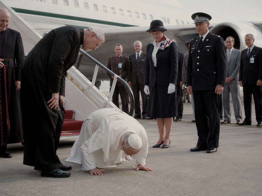 Hollywood Is Suffering Cultural Amnesia 4 Pope John Paul II kneels to kiss the ground beside an airplane after arriving on an official visit