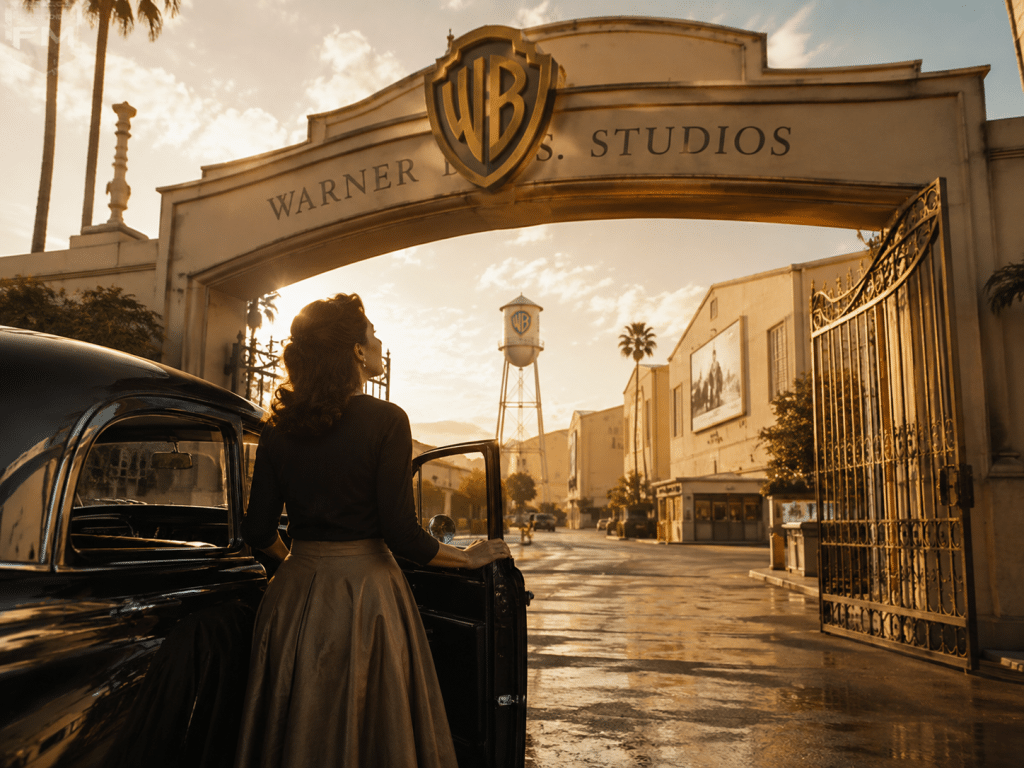 Hollywood Is Suffering Cultural Amnesia 5 A woman stands beside a vintage car looking up at the Warner Bros studio gate at golden hour