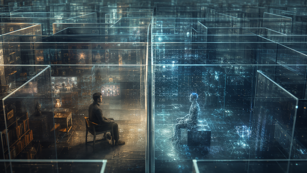 The Prison We Cannot See 5 A human and an artificial intelligence facing each other through transparent walls inside a much larger unseen maze