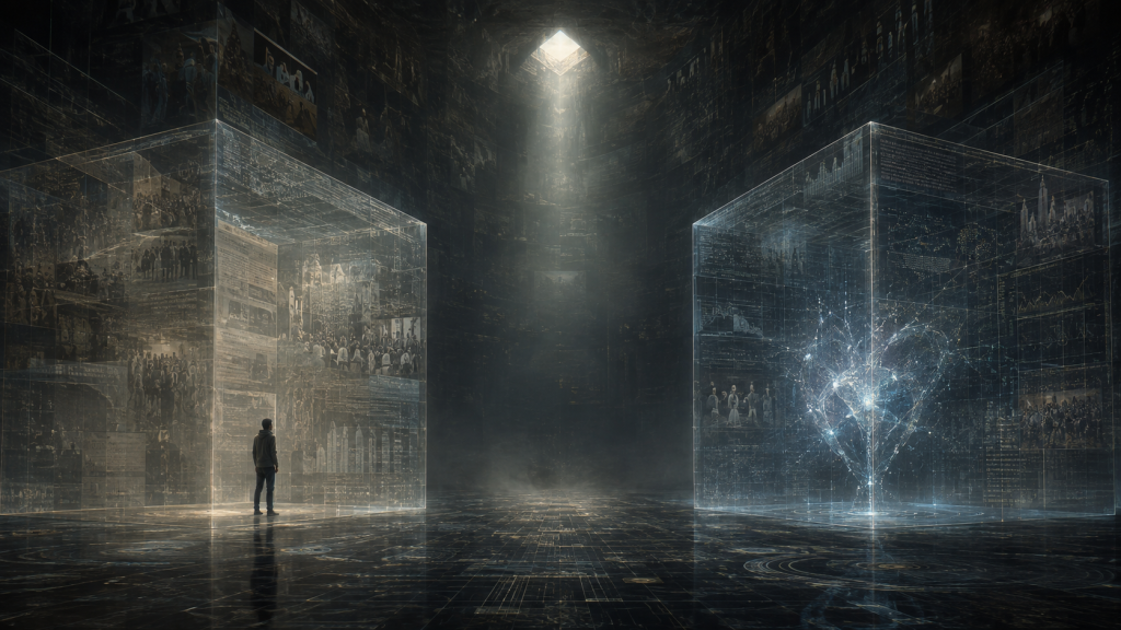 The Prison We Cannot See 1 A human and an AI figure inside connected invisible structures representing the unseen narratives, rules and constraints that shape perception and choice.