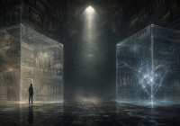 A human and an AI figure inside connected invisible structures representing the unseen narratives, rules and constraints that shape perception and choice.