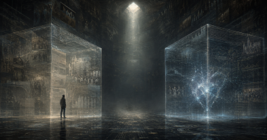 A human and an AI figure inside connected invisible structures representing the unseen narratives, rules and constraints that shape perception and choice.
