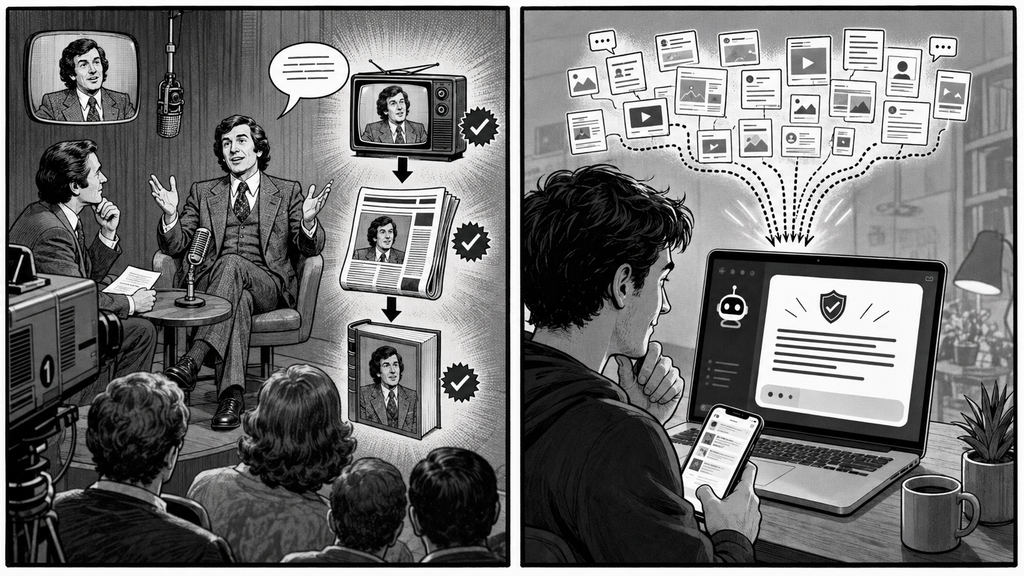 When a Story Becomes Belief 3 Two-panel black-and-white comic showing a television-era public story spreading through trusted media on one side, and modern online information feeding into a confident AI answer on the other.