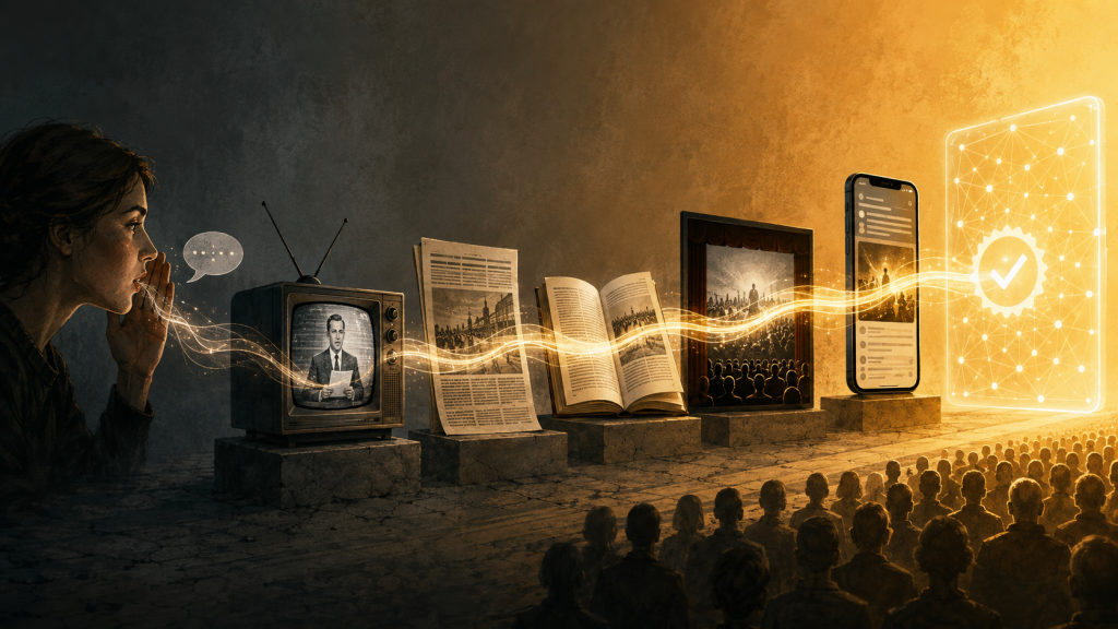When a Story Becomes Belief 1 A story passing through television, newspapers, books, film, the internet and artificial intelligence until repetition becomes belief.