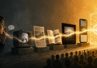 A story passing through television, newspapers, books, film, the internet and artificial intelligence until repetition becomes belief.