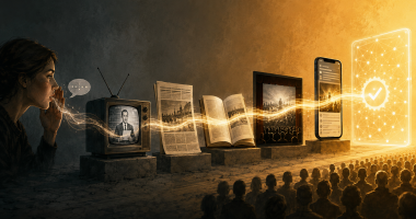 A story passing through television, newspapers, books, film, the internet and artificial intelligence until repetition becomes belief.