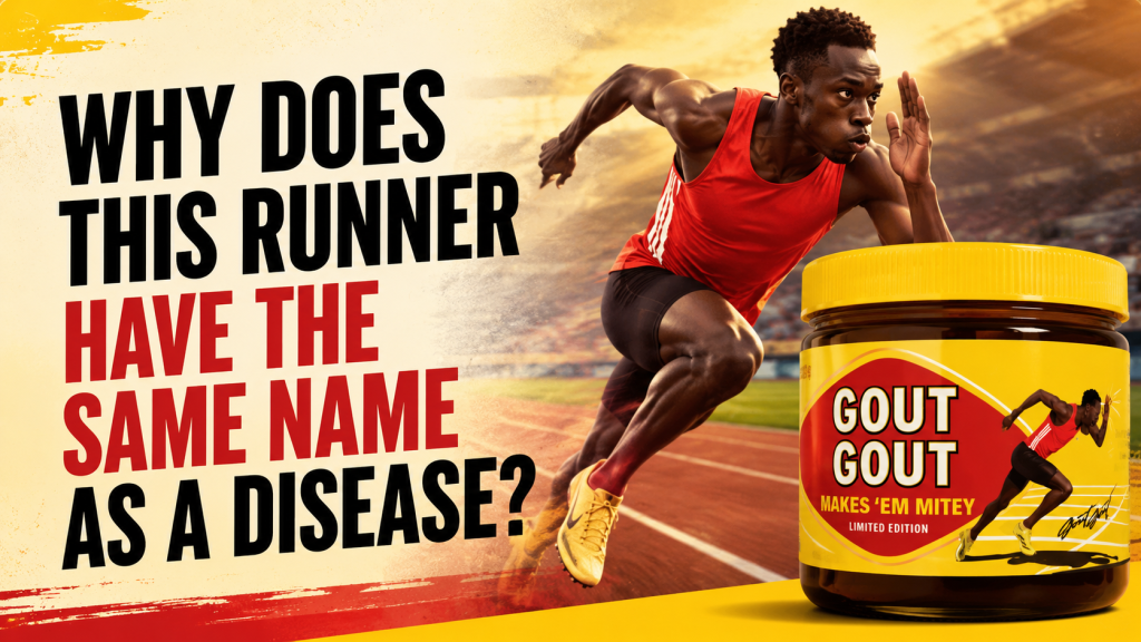 Why Does This Runner Have the Same Name as a Disease? 1 Featured image for blog post about Australian sprinter Gout Gout, showing a runner on a track beside a limited-edition Vegemite jar with the headline “Why Does This Runner Have the Same Name as a Disease?”